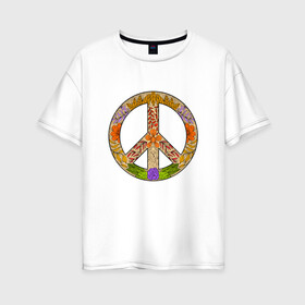 Женская футболка хлопок Oversize с принтом PEACE | FLOWERS (Z) в Белгороде, 100% хлопок | свободный крой, круглый ворот, спущенный рукав, длина до линии бедер
 | bloom | blossom | floret | flowers | hippies | peace | знак | любовь | мир | символ | хиппи | цветы