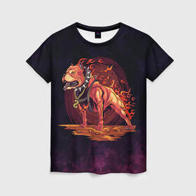 Женская футболка 3D с принтом Цербер в Белгороде, 100% полиэфир ( синтетическое хлопкоподобное полотно) | прямой крой, круглый вырез горловины, длина до линии бедер | ад | арт | бульдог | графика | животные | звери | огонь | собака