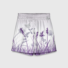 Детские спортивные шорты 3D с принтом Фиолетовое Поле в Белгороде,  100% полиэстер
 | пояс оформлен широкой мягкой резинкой, ткань тянется
 | бабочки | девочкам | девушкам | поле | популярное | топ | тренд | фиолетовый | цветочки
