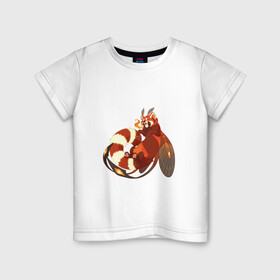 Детская футболка хлопок с принтом Огненная панда в Белгороде, 100% хлопок | круглый вырез горловины, полуприлегающий силуэт, длина до линии бедер | арт | красная панда | крылья | малая панда | маленькая панда | огонь | панда | панда стайана | перья | рисунок | стайана | фантастический зверь | фантастическое животное | язык пламени