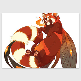 Поздравительная открытка с принтом Огненная панда в Белгороде, 100% бумага | плотность бумаги 280 г/м2, матовая, на обратной стороне линовка и место для марки
 | Тематика изображения на принте: арт | красная панда | крылья | малая панда | маленькая панда | огонь | панда | панда стайана | перья | рисунок | стайана | фантастический зверь | фантастическое животное | язык пламени