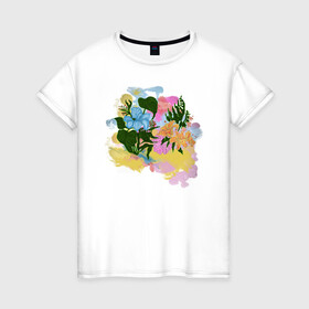 Женская футболка хлопок с принтом Цветы акварель в Белгороде, 100% хлопок | прямой крой, круглый вырез горловины, длина до линии бедер, слегка спущенное плечо | flowers | watercolors | акварель | краски | лилия | цветы