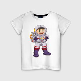 Детская футболка хлопок с принтом Веселый космонавт в Белгороде, 100% хлопок | круглый вырез горловины, полуприлегающий силуэт, длина до линии бедер | Тематика изображения на принте: астронавт | веселый космонавт | космический корабль | космонавт | космос | скафандр