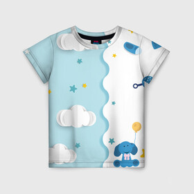 Детская футболка 3D с принтом Слоник с Шариком в Белгороде, 100% гипоаллергенный полиэфир | прямой крой, круглый вырез горловины, длина до линии бедер, чуть спущенное плечо, ткань немного тянется | детская | детям | для детей | картинки | малышам | малышу | облако | пижама | пижамка | слон | слоник | шарик