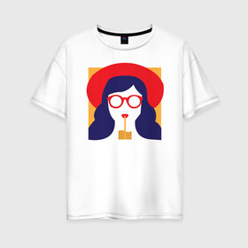 Женская футболка хлопок Oversize с принтом Девушка с коктейлем в Белгороде, 100% хлопок | свободный крой, круглый ворот, спущенный рукав, длина до линии бедер
 | брюнетка | девушка | очки | пин арт | стакан | шляпа