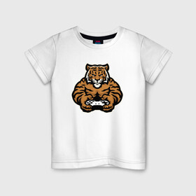 Детская футболка хлопок с принтом Тигр Геймер в Белгороде, 100% хлопок | круглый вырез горловины, полуприлегающий силуэт, длина до линии бедер | 2022 | animal | cat | gamer | lion | tiger | год тигра | джойстик | животные | зверь | зубы | игра | кот | кошка | лев | охотник | полосатый | природа | приставка | тигр | тигренок | тигрица | хищник