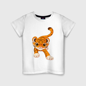 Детская футболка хлопок с принтом Милый Тигренок в Белгороде, 100% хлопок | круглый вырез горловины, полуприлегающий силуэт, длина до линии бедер | 2022 | animal | cat | lion | tiger | год тигра | животные | зверь | зубы | кот | кошка | лев | охотник | полосатый | природа | тигр | тигренок | тигрица | хищник