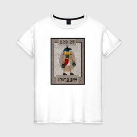Женская футболка хлопок с принтом Бог кроссфита. Анубис в Белгороде, 100% хлопок | прямой крой, круглый вырез горловины, длина до линии бедер, слегка спущенное плечо | анубис | гири | древний египет | кроссфит | спорт | фитнес