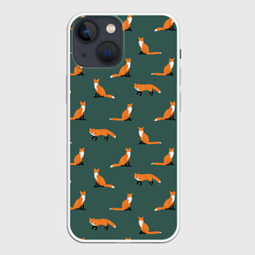 Чехол для iPhone 13 mini с принтом Лисы паттерн в Белгороде,  |  | животные | звери | зеленый цвет | лесные животные | лиса | лисы | оранжевый | паттерн | рыжий