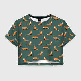 Женская футболка Crop-top 3D с принтом Лисы паттерн в Белгороде, 100% полиэстер | круглая горловина, длина футболки до линии талии, рукава с отворотами | животные | звери | зеленый цвет | лесные животные | лиса | лисы | оранжевый | паттерн | рыжий