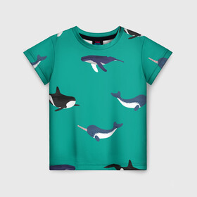 Детская футболка 3D с принтом Нарвал, киты, касатка паттерн в Белгороде, 100% гипоаллергенный полиэфир | прямой крой, круглый вырез горловины, длина до линии бедер, чуть спущенное плечо, ткань немного тянется | изумрудно зеленый цвет | касатки | киты | морская фауна | морские животные | морские жители | нарвал | океан | паттерн
