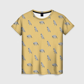 Женская футболка 3D с принтом Еноты паттерн в Белгороде, 100% полиэфир ( синтетическое хлопкоподобное полотно) | прямой крой, круглый вырез горловины, длина до линии бедер | pattern | raccoons | еноты | забавные животные | звери | кремовый | охра | охристый | паттерн | песочный цвет | светло желтый