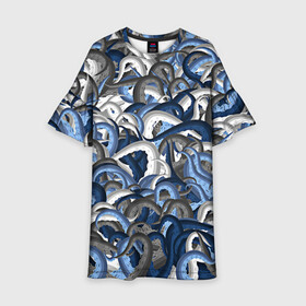 Детское платье 3D с принтом Синий камуфляж с щупальцами в Белгороде, 100% полиэстер | прямой силуэт, чуть расширенный к низу. Круглая горловина, на рукавах — воланы | Тематика изображения на принте: камуфляж | ктулху | милитари | море | морской | осьминог | рыбак | щупальца