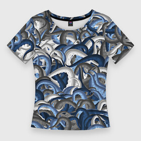 Женская футболка 3D Slim с принтом Синий камуфляж с щупальцами в Белгороде,  |  | камуфляж | ктулху | милитари | море | морской | осьминог | рыбак | щупальца
