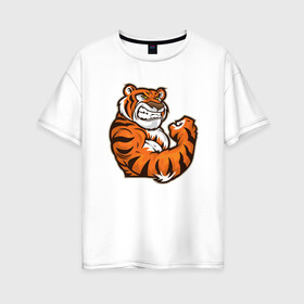 Женская футболка хлопок Oversize с принтом Сила Тигра в Белгороде, 100% хлопок | свободный крой, круглый ворот, спущенный рукав, длина до линии бедер
 | 2022 | animal | cat | lion | tiger | год тигра | животные | зверь | зубы | кот | кошка | лев | охотник | полосатый | природа | тигр | тигренок | тигрица | хищник