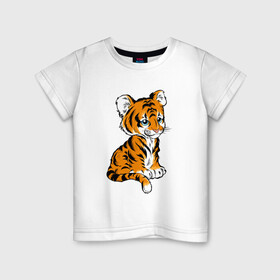 Детская футболка хлопок с принтом Little Tiger в Белгороде, 100% хлопок | круглый вырез горловины, полуприлегающий силуэт, длина до линии бедер | 2022 | animal | cat | lion | tiger | год тигра | животные | зверь | зубы | кот | кошка | лев | охотник | полосатый | природа | тигр | тигренок | тигрица | хищник