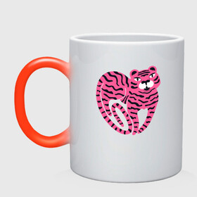 Кружка хамелеон с принтом Pink Tiger в Белгороде, керамика | меняет цвет при нагревании, емкость 330 мл | Тематика изображения на принте: 2022 | animal | cat | lion | tiger | год тигра | животные | зверь | зубы | кот | кошка | лев | охотник | полосатый | природа | тигр | тигренок | тигрица | хищник