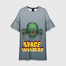 Детское платье 3D с принтом Space Invaders | Old game (Z) в Белгороде, 100% полиэстер | прямой силуэт, чуть расширенный к низу. Круглая горловина, на рукавах — воланы | Тематика изображения на принте: dendy | invaders | nintendo | shootem up | space invaders | денди | захватчики | космические захватчики | су имбэ | чужаки