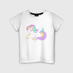 Детская футболка хлопок с принтом волшебная лошадка в Белгороде, 100% хлопок | круглый вырез горловины, полуприлегающий силуэт, длина до линии бедер | волшебная | единорог | копыта | лошадка | пони | рог | розовая | сказка | фиолетовая