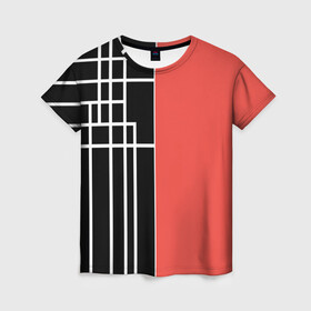 Женская футболка 3D с принтом Черный и коралловый арт деко в Белгороде, 100% полиэфир ( синтетическое хлопкоподобное полотно) | прямой крой, круглый вырез горловины, длина до линии бедер | абстрактный | арт | арт деко | белые полосы | геометрический | модный | молодежный | полосы | современный | черный и коралловый