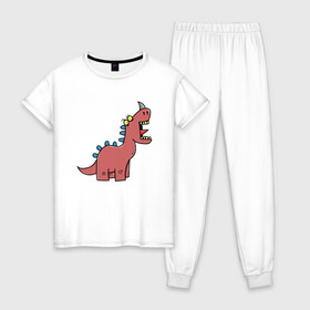 Женская пижама хлопок с принтом Кричащий динозавр в Белгороде, 100% хлопок | брюки и футболка прямого кроя, без карманов, на брюках мягкая резинка на поясе и по низу штанин | агрессия | динозавр | зверь | злой | кричит | рисунок