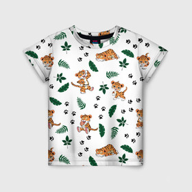 Детская футболка 3D с принтом Милый тигр в Белгороде, 100% гипоаллергенный полиэфир | прямой крой, круглый вырез горловины, длина до линии бедер, чуть спущенное плечо, ткань немного тянется | Тематика изображения на принте: 2022 | год тигра | листья | милый тигр | новый год | паттерн | принт | саванна | следы | тигренок | фон | хищник