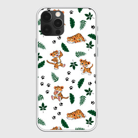 Чехол для iPhone 12 Pro с принтом Милый тигр в Белгороде, силикон | область печати: задняя сторона чехла, без боковых панелей | 2022 | год тигра | листья | милый тигр | новый год | паттерн | принт | саванна | следы | тигренок | фон | хищник