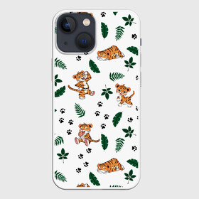 Чехол для iPhone 13 mini с принтом Милый тигр в Белгороде,  |  | 2022 | год тигра | листья | милый тигр | новый год | паттерн | принт | саванна | следы | тигренок | фон | хищник