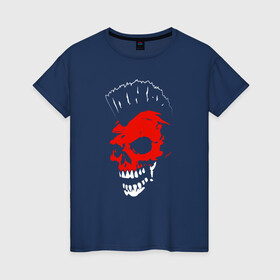Женская футболка хлопок с принтом Веселый роджер в Белгороде, 100% хлопок | прямой крой, круглый вырез горловины, длина до линии бедер, слегка спущенное плечо | ирокез | красный | скелет | страшный | челюсть | череп