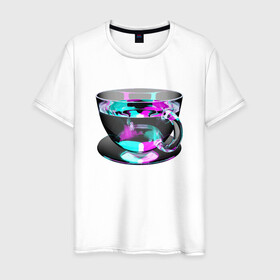 Мужская футболка хлопок с принтом Волшебная чашка в Белгороде, 100% хлопок | прямой крой, круглый вырез горловины, длина до линии бедер, слегка спущенное плечо. | color cup | magic cup | magic mug | neon cup | волшебная кружка | волшебная чашка | кофе | магическая кружка | магическая чашка | неоновая кружка | неоновая чашка | стеклянная кружка | стеклянная чашка