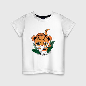 Детская футболка хлопок с принтом Тигр охотник в Белгороде, 100% хлопок | круглый вырез горловины, полуприлегающий силуэт, длина до линии бедер | Тематика изображения на принте: котенок | крадется | листья | милый | охотится | подкрадывается | ползет | тигр | тигренок