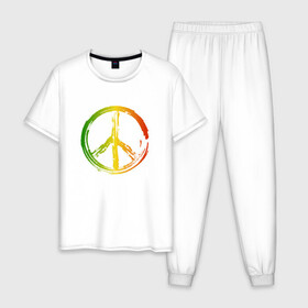 Мужская пижама хлопок с принтом Радужный мир | Peace (Z) в Белгороде, 100% хлопок | брюки и футболка прямого кроя, без карманов, на брюках мягкая резинка на поясе и по низу штанин
 | Тематика изображения на принте: bloom | blossom | floret | flowers | hippies | peace | знак | любовь | мир | радуга | радужный | радужный мир | символ | хиппи | цветы