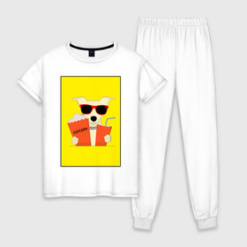 Женская пижама хлопок с принтом Пес кинофил в Белгороде, 100% хлопок | брюки и футболка прямого кроя, без карманов, на брюках мягкая резинка на поясе и по низу штанин | Тематика изображения на принте: кино | киноман | киносеанс | кинотеатр | кинофил | пес | собака