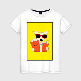 Женская футболка хлопок с принтом Пес кинофил в Белгороде, 100% хлопок | прямой крой, круглый вырез горловины, длина до линии бедер, слегка спущенное плечо | кино | киноман | киносеанс | кинотеатр | кинофил | пес | собака