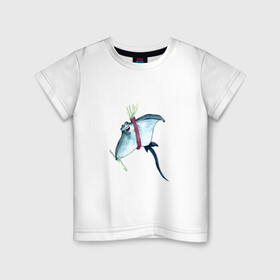 Детская футболка хлопок с принтом Электрический скат с молниями в Белгороде, 100% хлопок | круглый вырез горловины, полуприлегающий силуэт, длина до линии бедер | колчан | молнии | морской | плавники | ремень | рыба | скат | удар током | улыбка | хвост | электричество