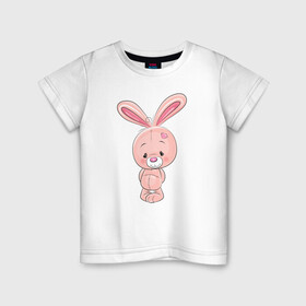 Детская футболка хлопок с принтом розовый зайка в Белгороде, 100% хлопок | круглый вырез горловины, полуприлегающий силуэт, длина до линии бедер | заяц | кролик | лапы | мягкий | персонаж | розовый | уши | хвост
