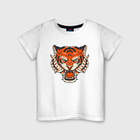 Детская футболка хлопок с принтом Super Tiger в Белгороде, 100% хлопок | круглый вырез горловины, полуприлегающий силуэт, длина до линии бедер | 2022 | animal | cat | lion | tiger | год тигра | животные | зверь | зубы | кот | кошка | лев | охотник | полосатый | природа | тигр | тигренок | тигрица | хищник