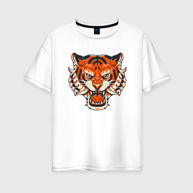 Женская футболка хлопок Oversize с принтом Super Tiger в Белгороде, 100% хлопок | свободный крой, круглый ворот, спущенный рукав, длина до линии бедер
 | 2022 | animal | cat | lion | tiger | год тигра | животные | зверь | зубы | кот | кошка | лев | охотник | полосатый | природа | тигр | тигренок | тигрица | хищник