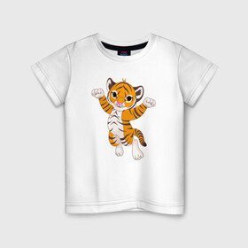 Детская футболка хлопок с принтом Милый тигренок в Белгороде, 100% хлопок | круглый вырез горловины, полуприлегающий силуэт, длина до линии бедер | 2022 | animal | cat | lion | tiger | год тигра | животные | зверь | зубы | кот | кошка | лев | охотник | полосатый | природа | тигр | тигренок | тигрица | хищник