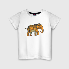 Детская футболка хлопок с принтом Тигровый слон в Белгороде, 100% хлопок | круглый вырез горловины, полуприлегающий силуэт, длина до линии бедер | 2022 | animal | cat | elephant | lion | tiger | африка | год тигра | животные | зверь | зубы | кот | кошка | лев | охотник | полосатый | природа | слон | слоненок | тигр | тигренок | тигрица | хищник