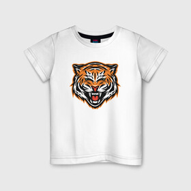 Детская футболка хлопок с принтом Грозный тигр в Белгороде, 100% хлопок | круглый вырез горловины, полуприлегающий силуэт, длина до линии бедер | 2022 | animal | cat | lion | tiger | год тигра | животные | зверь | зубы | кот | кошка | лев | охотник | полосатый | природа | тигр | тигренок | тигрица | хищник