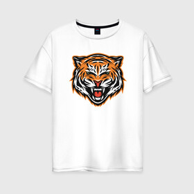Женская футболка хлопок Oversize с принтом Грозный тигр в Белгороде, 100% хлопок | свободный крой, круглый ворот, спущенный рукав, длина до линии бедер
 | 2022 | animal | cat | lion | tiger | год тигра | животные | зверь | зубы | кот | кошка | лев | охотник | полосатый | природа | тигр | тигренок | тигрица | хищник