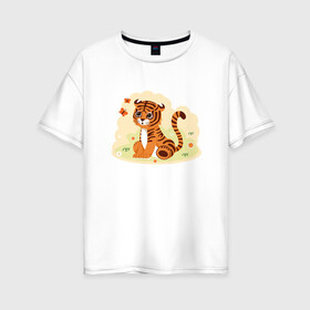 Женская футболка хлопок Oversize с принтом Тигренок и бабочки в Белгороде, 100% хлопок | свободный крой, круглый ворот, спущенный рукав, длина до линии бедер
 | 2022 | animal | cat | lion | tiger | год тигра | животные | зверь | зубы | кот | кошка | лев | охотник | полосатый | природа | тигр | тигренок | тигрица | хищник