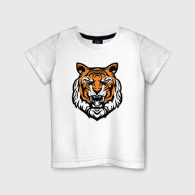 Детская футболка хлопок с принтом Голова тигра в Белгороде, 100% хлопок | круглый вырез горловины, полуприлегающий силуэт, длина до линии бедер | 2022 | animal | cat | lion | tiger | год тигра | животные | зверь | зубы | кот | кошка | лев | охотник | полосатый | природа | тигр | тигренок | тигрица | хищник