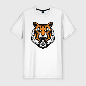 Мужская футболка хлопок Slim с принтом Голова тигра в Белгороде, 92% хлопок, 8% лайкра | приталенный силуэт, круглый вырез ворота, длина до линии бедра, короткий рукав | 2022 | animal | cat | lion | tiger | год тигра | животные | зверь | зубы | кот | кошка | лев | охотник | полосатый | природа | тигр | тигренок | тигрица | хищник