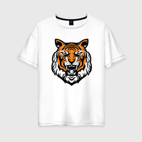 Женская футболка хлопок Oversize с принтом Голова тигра в Белгороде, 100% хлопок | свободный крой, круглый ворот, спущенный рукав, длина до линии бедер
 | 2022 | animal | cat | lion | tiger | год тигра | животные | зверь | зубы | кот | кошка | лев | охотник | полосатый | природа | тигр | тигренок | тигрица | хищник