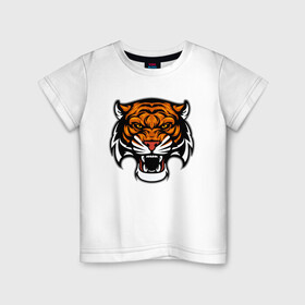 Детская футболка хлопок с принтом Оскал в Белгороде, 100% хлопок | круглый вырез горловины, полуприлегающий силуэт, длина до линии бедер | 2022 | animal | cat | lion | tiger | год тигра | животные | зверь | зубы | кот | кошка | лев | охотник | полосатый | природа | тигр | тигренок | тигрица | хищник