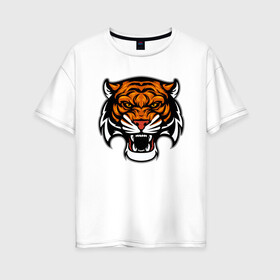 Женская футболка хлопок Oversize с принтом Оскал в Белгороде, 100% хлопок | свободный крой, круглый ворот, спущенный рукав, длина до линии бедер
 | 2022 | animal | cat | lion | tiger | год тигра | животные | зверь | зубы | кот | кошка | лев | охотник | полосатый | природа | тигр | тигренок | тигрица | хищник