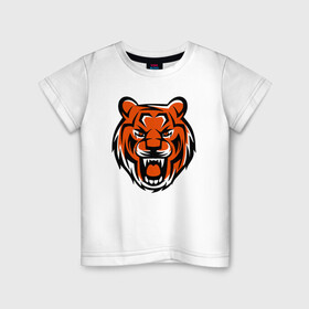 Детская футболка хлопок с принтом Злобный тигр в Белгороде, 100% хлопок | круглый вырез горловины, полуприлегающий силуэт, длина до линии бедер | 2022 | animal | cat | lion | tiger | год тигра | животные | зверь | зубы | кот | кошка | лев | охотник | полосатый | природа | тигр | тигренок | тигрица | хищник