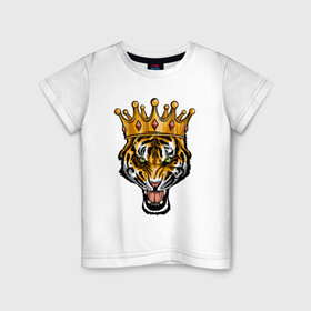 Детская футболка хлопок с принтом Царь тигр в Белгороде, 100% хлопок | круглый вырез горловины, полуприлегающий силуэт, длина до линии бедер | 2022 | animal | cat | lion | tiger | год тигра | животные | зверь | зубы | кот | кошка | лев | охотник | полосатый | природа | тигр | тигренок | тигрица | хищник